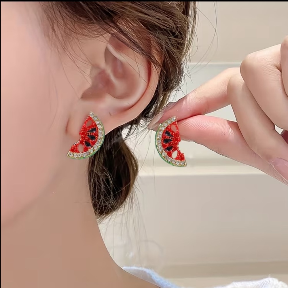 Red Watermelon Slice Stud Earrings - Women Jewelry